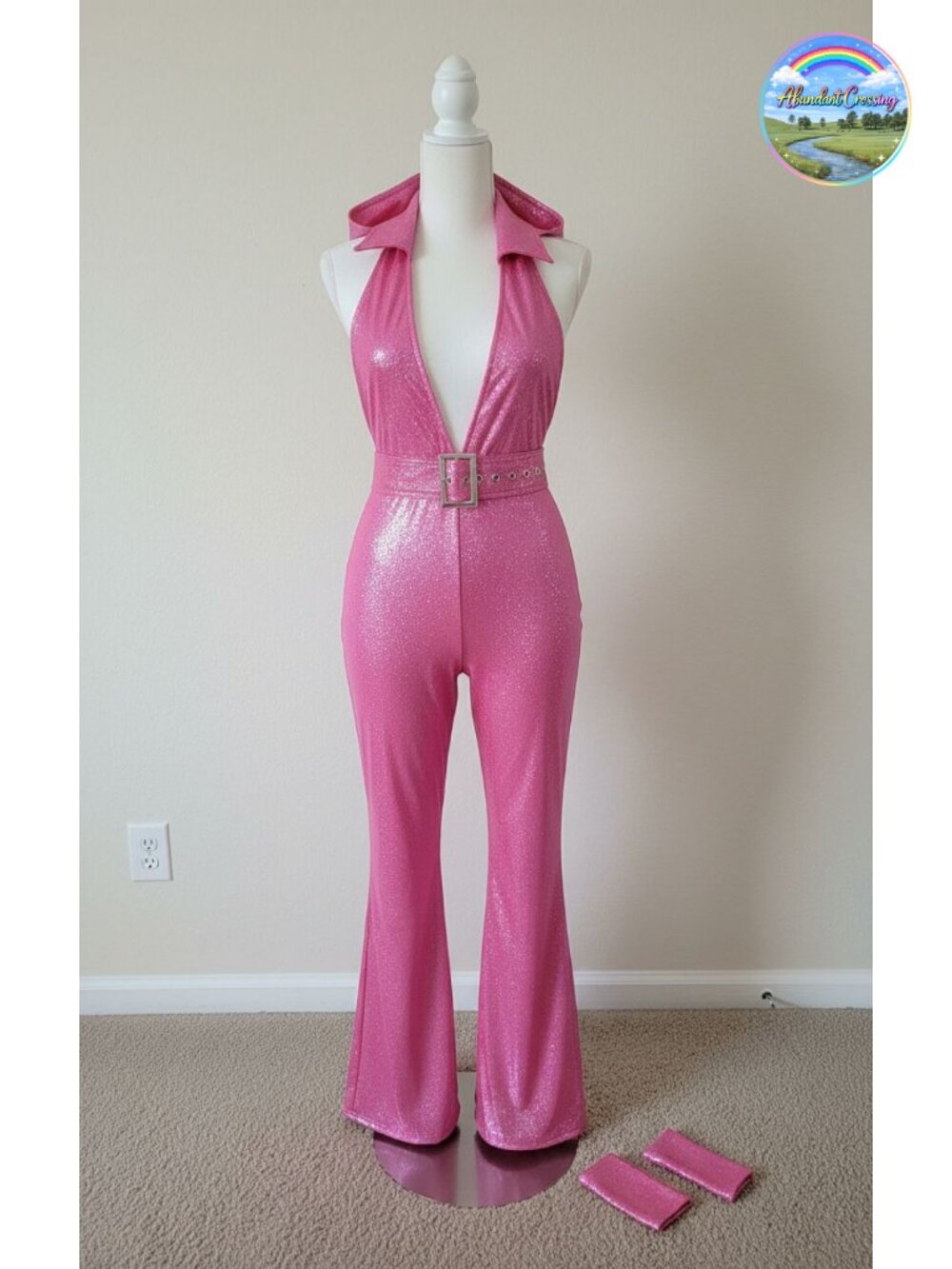 Foxy Lady Disco Costume Jumpsuit Belt Wristcuffs Adult Halloween Party